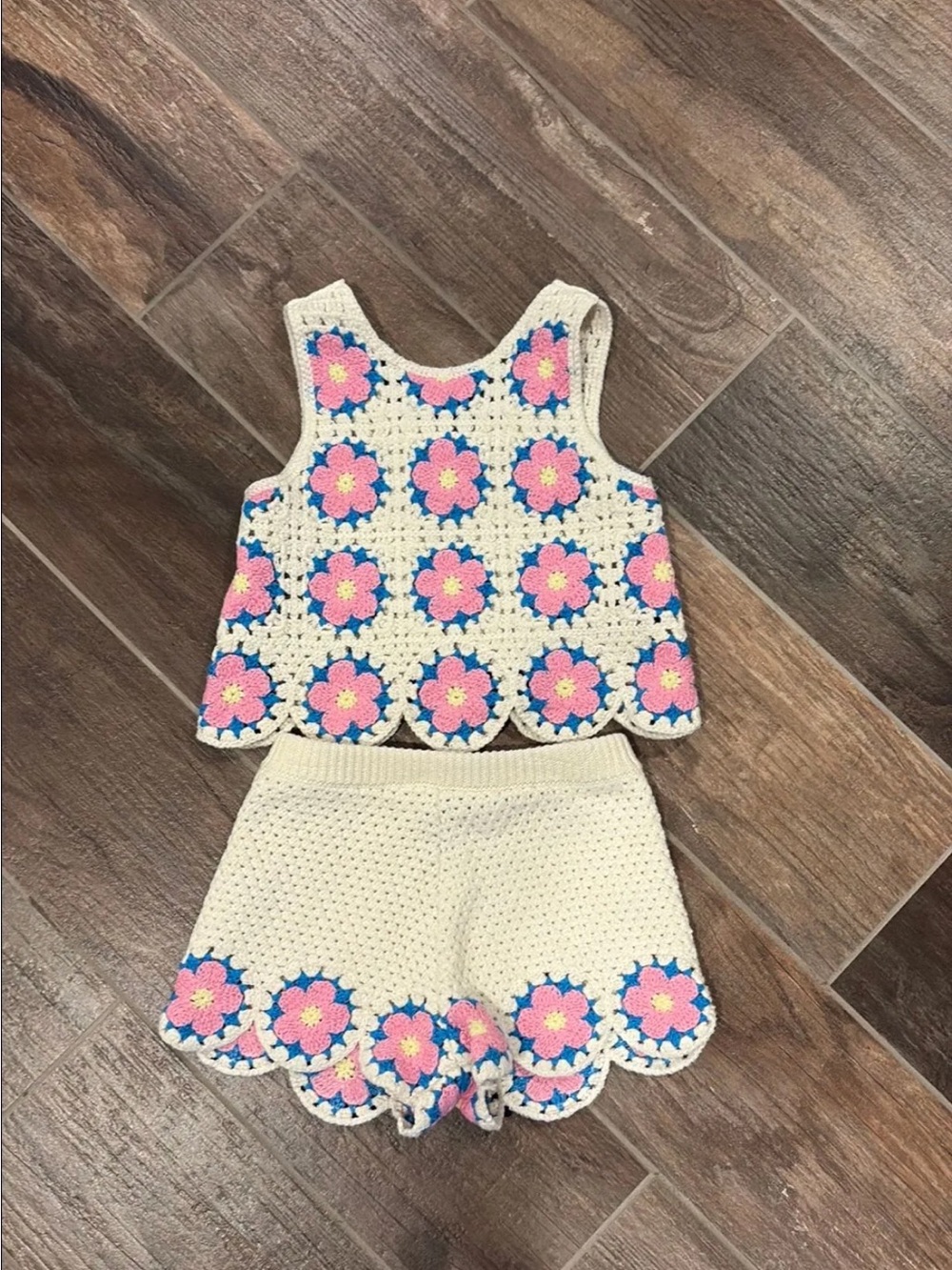 Zara Cream Crochet Two-Piece Set with Pink and Blue Flowers